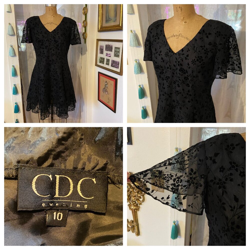 vtg 90s CCD Evening Black Velvet Burnout Dress Flutter Sleeve 10 Y2K Whimsigoth